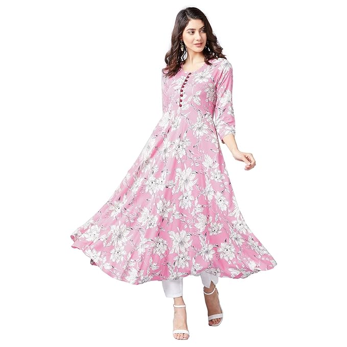 Tissu Women Pink & White Floral Printed A-Line Kurta in Amazon India | Local Monk